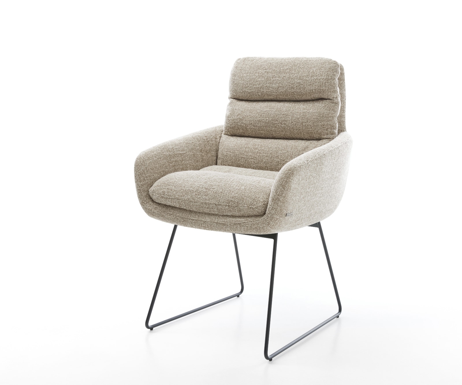 DELIFE Esszimmerstuhl Abelia-Flex mit Armlehnen Webstoff Soft Beige Kufengestell Schwarz