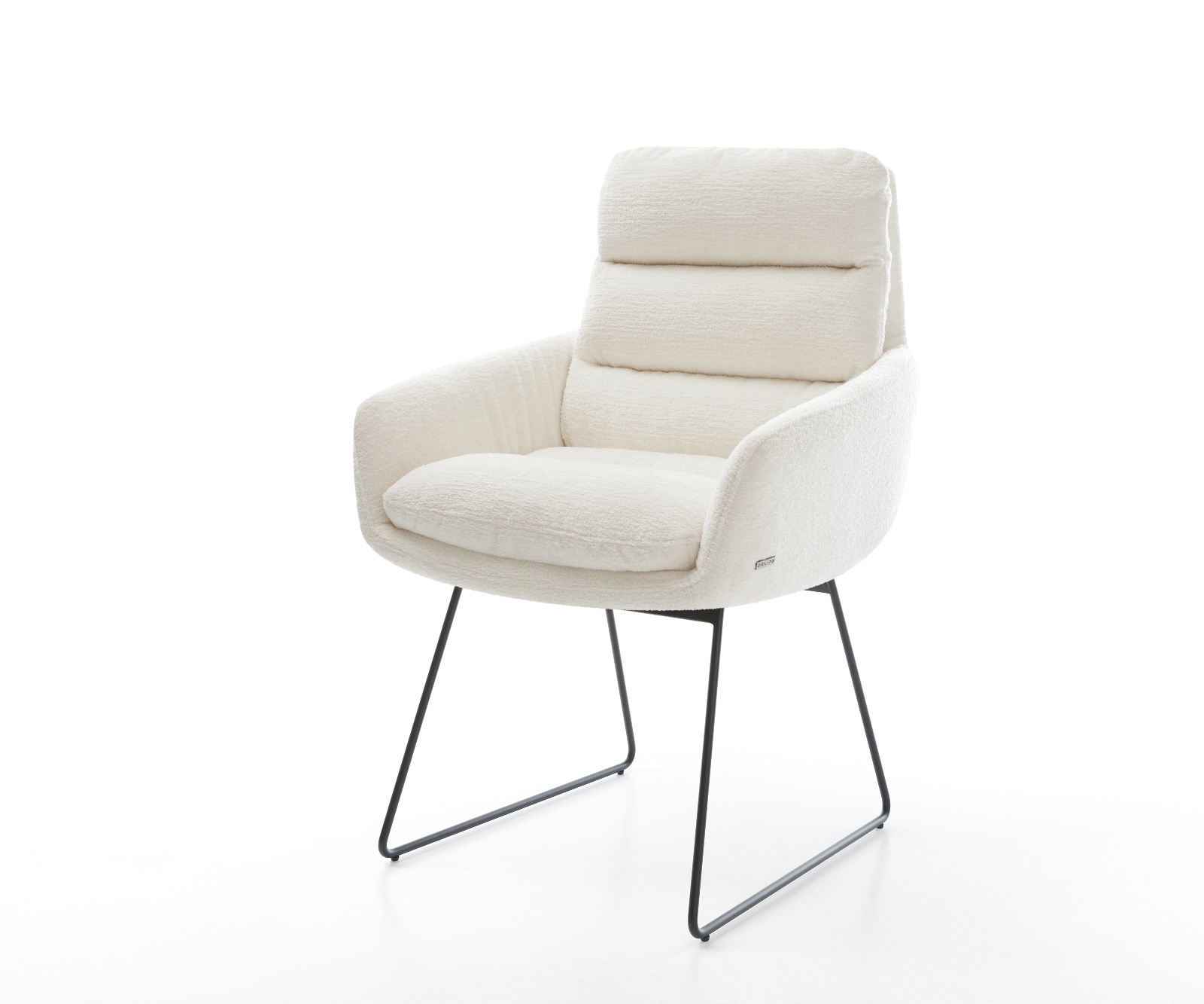DELIFE Esszimmerstuhl Abelia-Flex mit Armlehnen Bouclé Soft Beige Kufengestell Schwarz