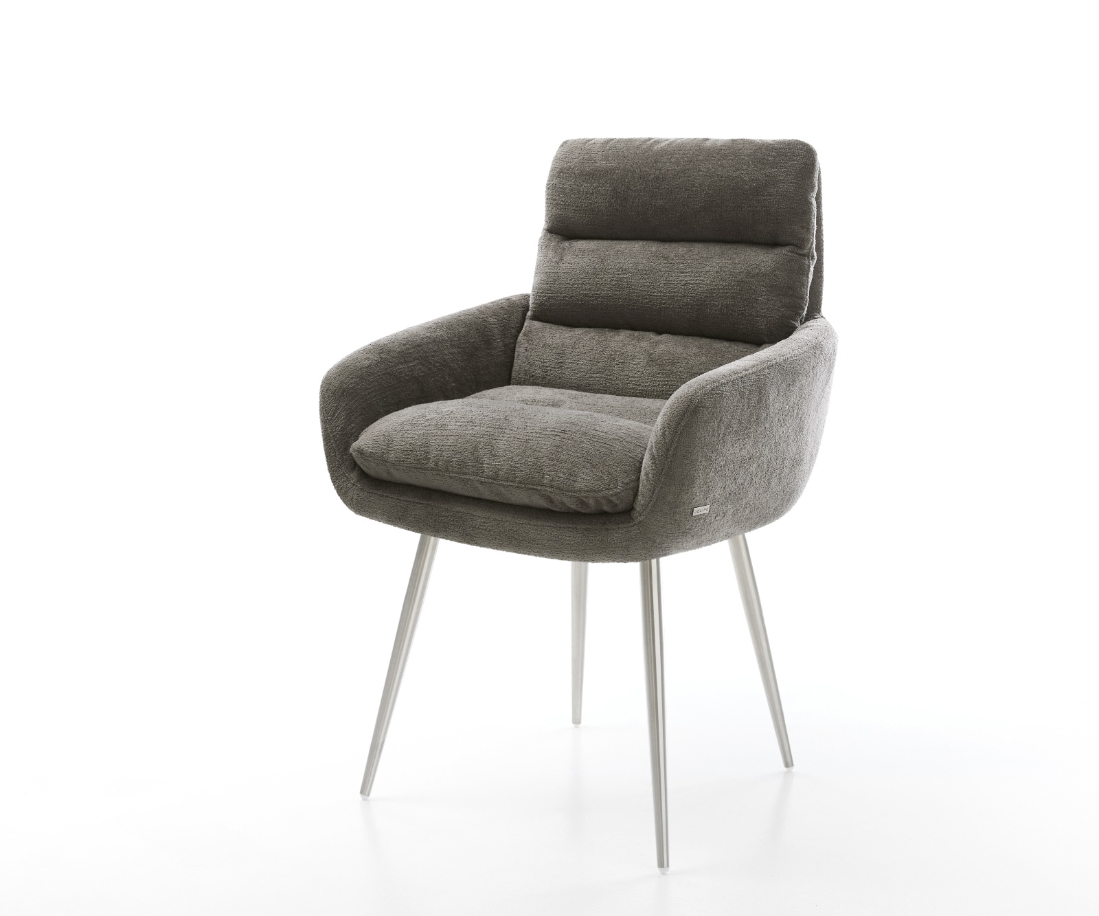 DELIFE Esszimmerstuhl Abelia-Flex mit Armlehnen Bouclé Soft Schlamm 4-Fuß konisch Edelstahl