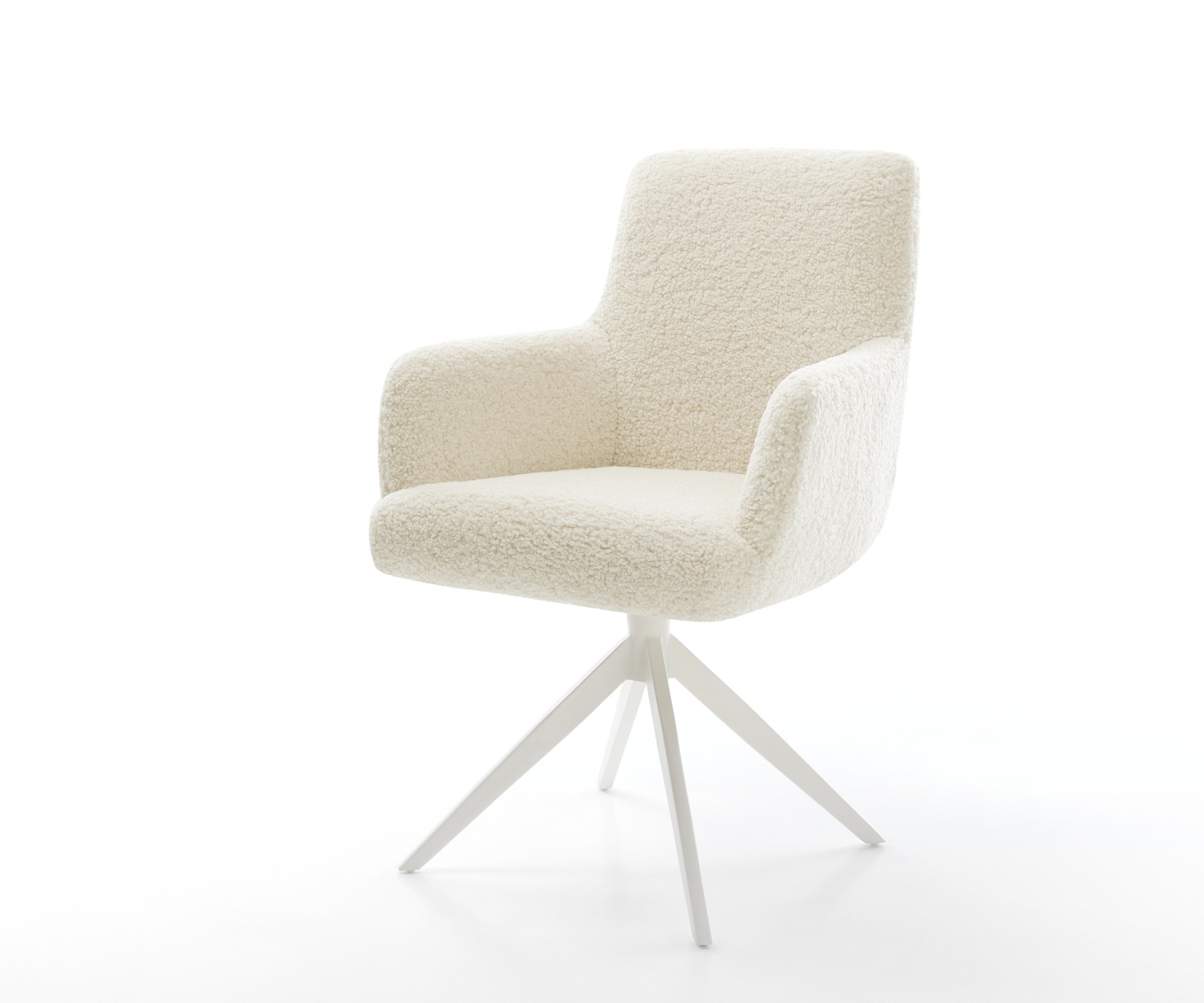 DELIFE Drehstuhl Heira-Flex mit Armlehnen Teddystoff Beige Kreuzgestell breit Weiß 360° drehbar Wippfunktion Taschenfederkern