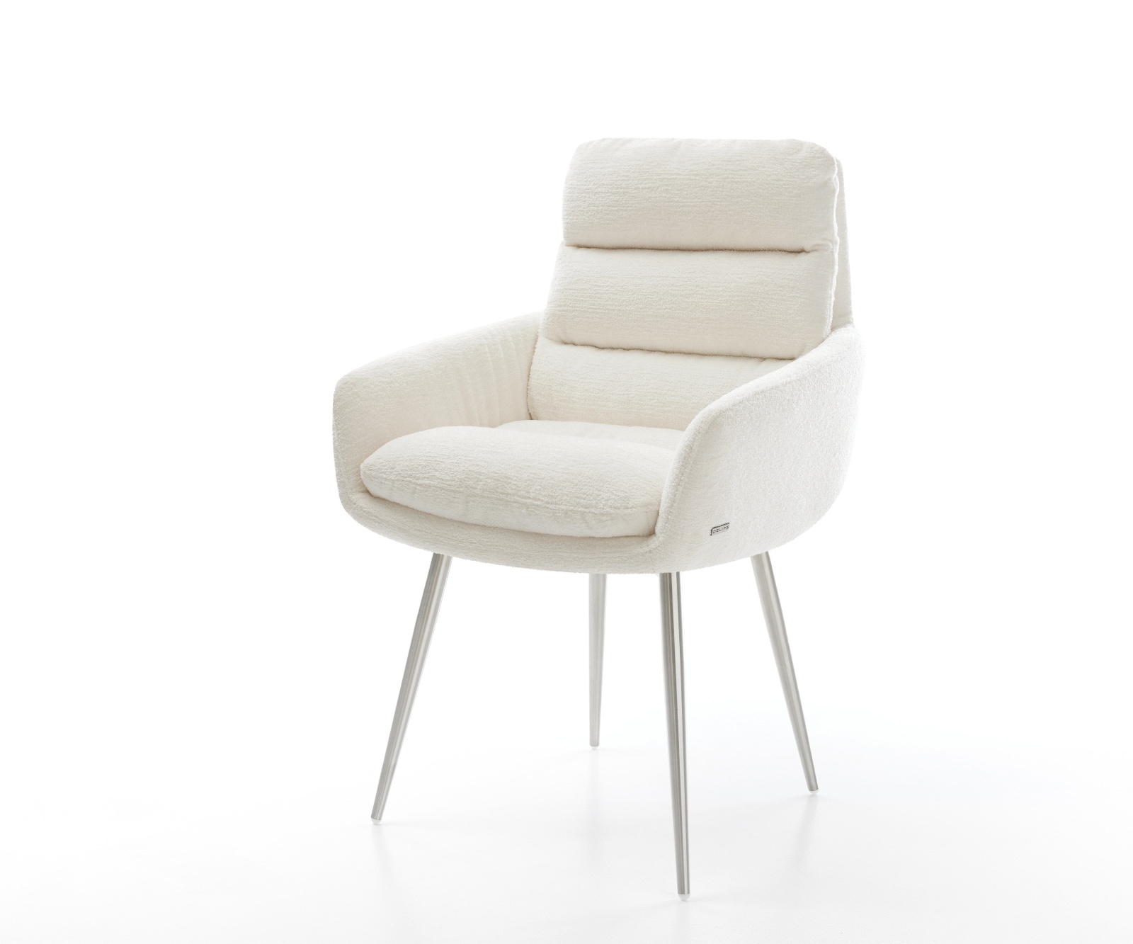 DELIFE Esszimmerstuhl Abelia-Flex mit Armlehnen Bouclé Soft Beige 4-Fuß konisch Edelstahl