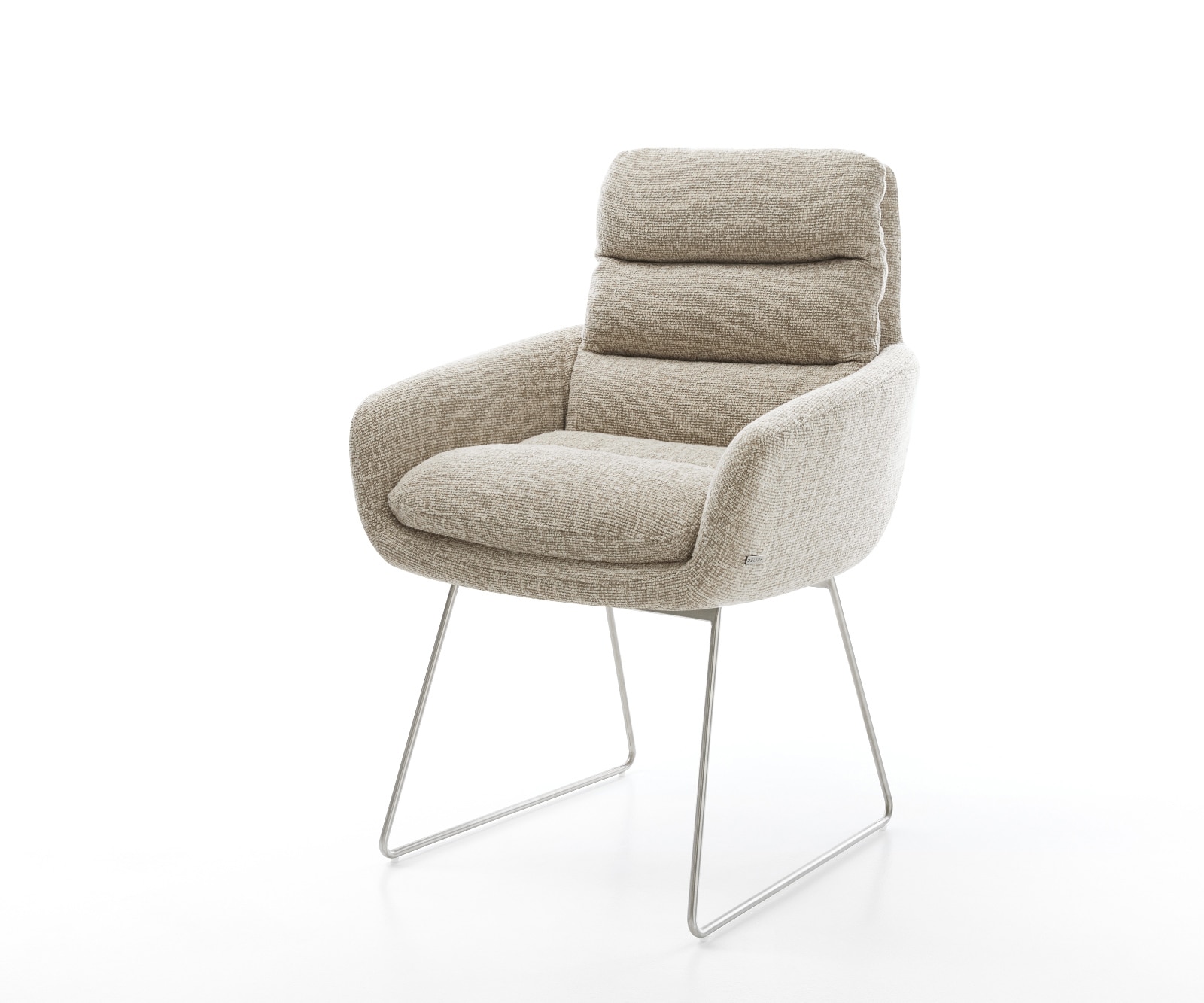 DELIFE Esszimmerstuhl Abelia-Flex mit Armlehnen Webstoff Soft Beige Kufengestell Edelstahl