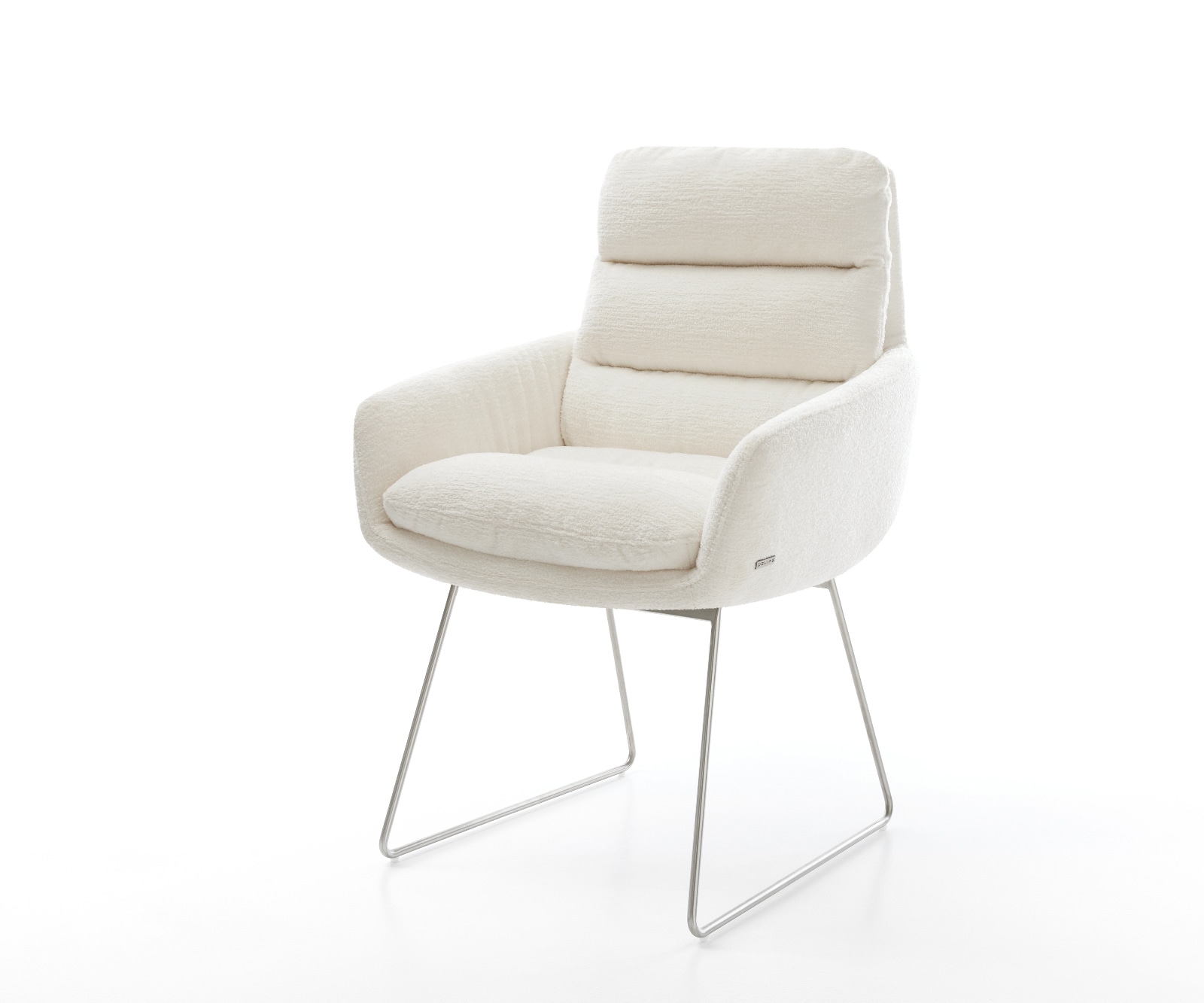 DELIFE Esszimmerstuhl Abelia-Flex mit Armlehnen Bouclé Soft Beige Kufengestell Edelstahl