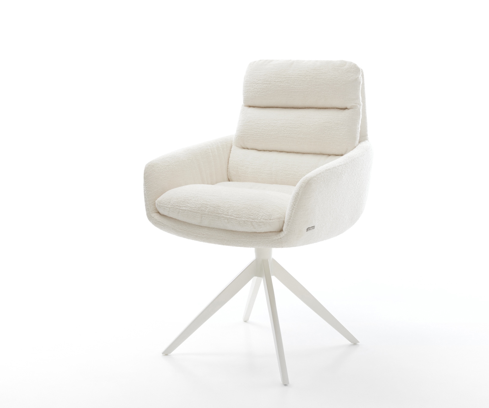 DELIFE Drehstuhl Abelia-Flex mit Armlehnen Bouclé Soft Beige Kreuzgestell breit Weiß 360° drehbar Wippfunktion