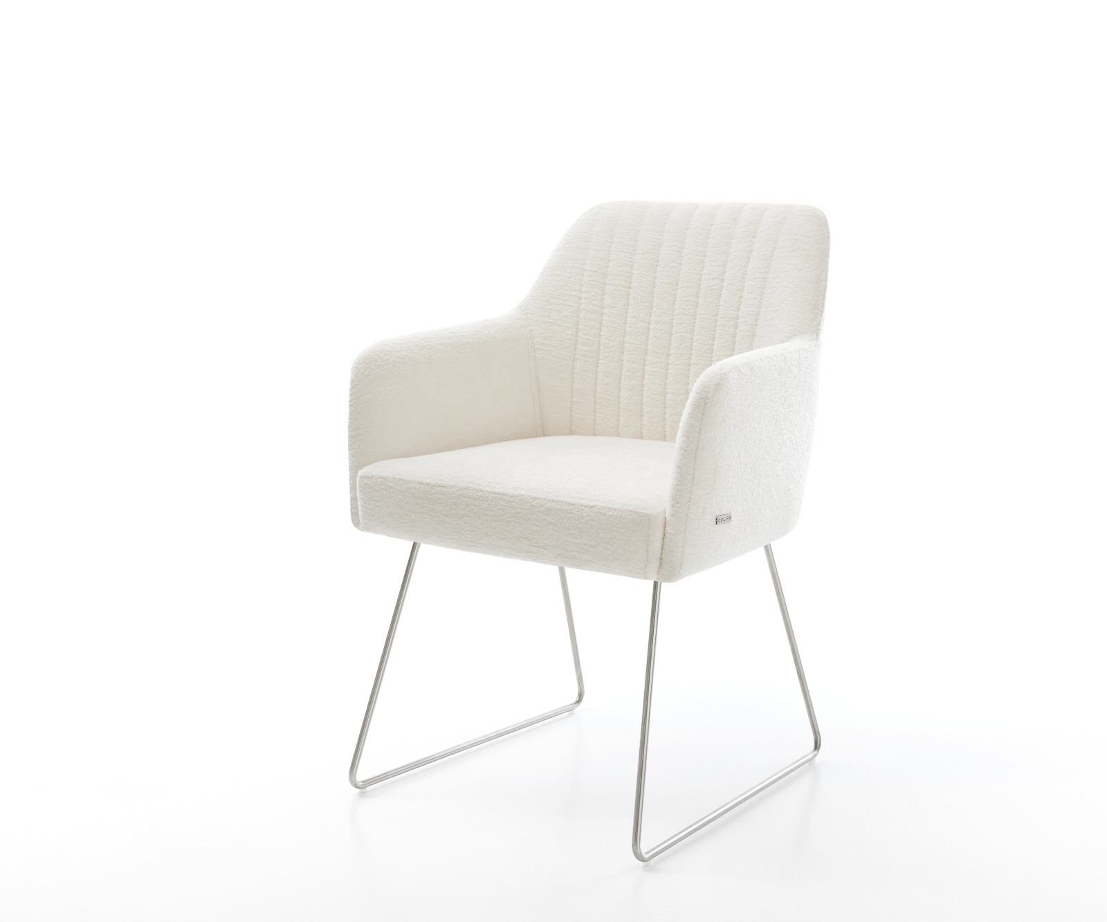 DELIFE Esszimmerstuhl Greg-Flex Bouclé Soft Beige Kufengestell Edelstahl Taschenfederkern