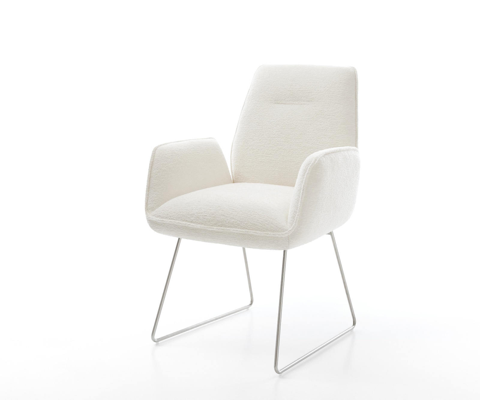 DELIFE Esszimmerstuhl Zoa-Flex Bouclé Soft Beige Kufengestell Edelstahl Taschenfederkern