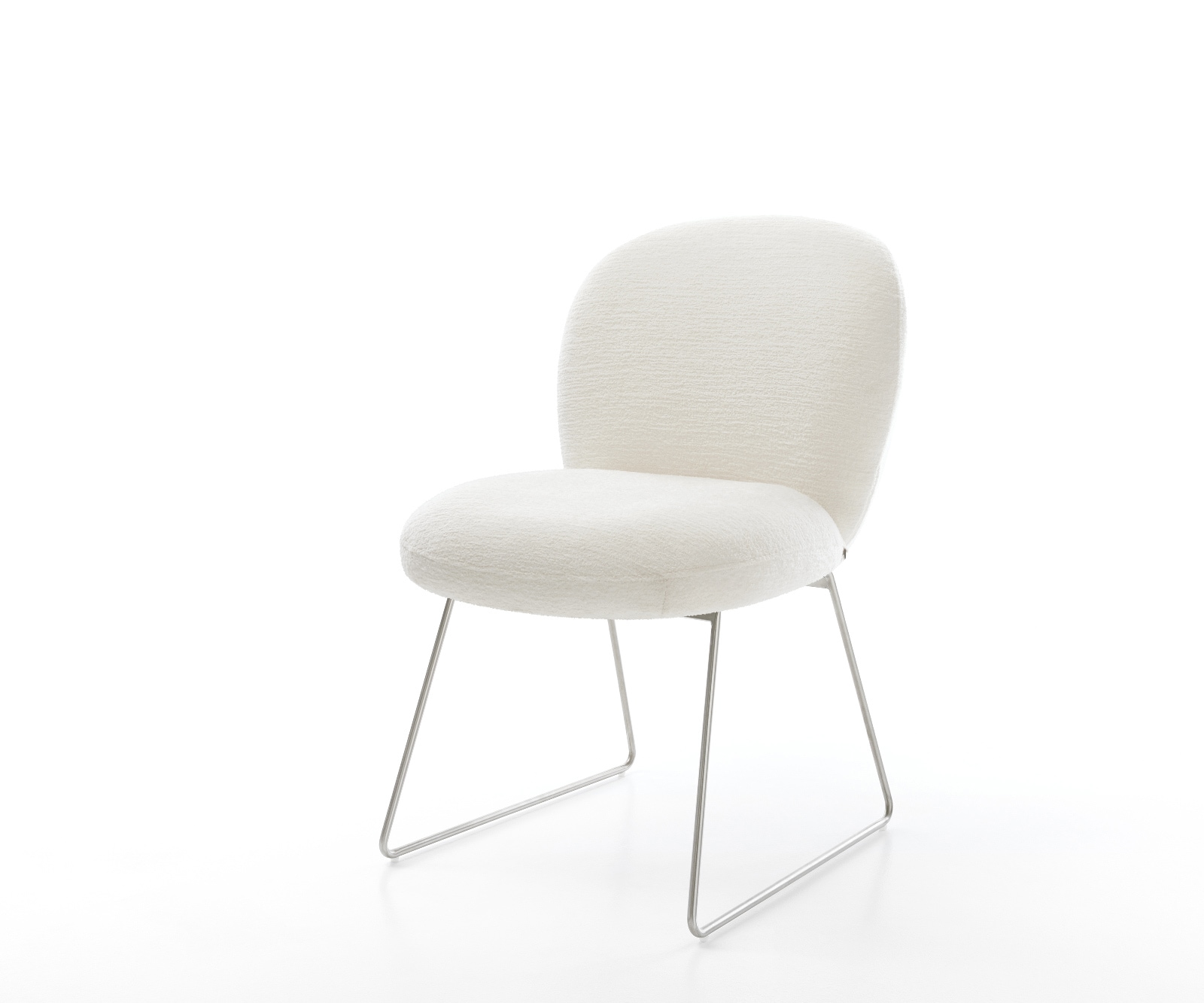 DELIFE Esszimmerstuhl Nube-Flex Bouclé Soft Beige Kufengestell Edelstahl Taschenfederkern