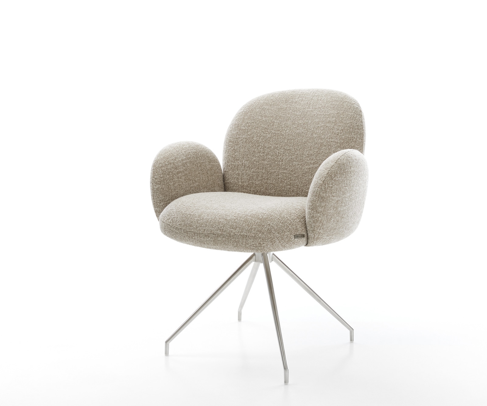 DELIFE Esszimmerstuhl Nube-Flex mit Armlehnen Webstoff Soft Beige Kreuzgestell konisch Edelstahl Taschenfederkern