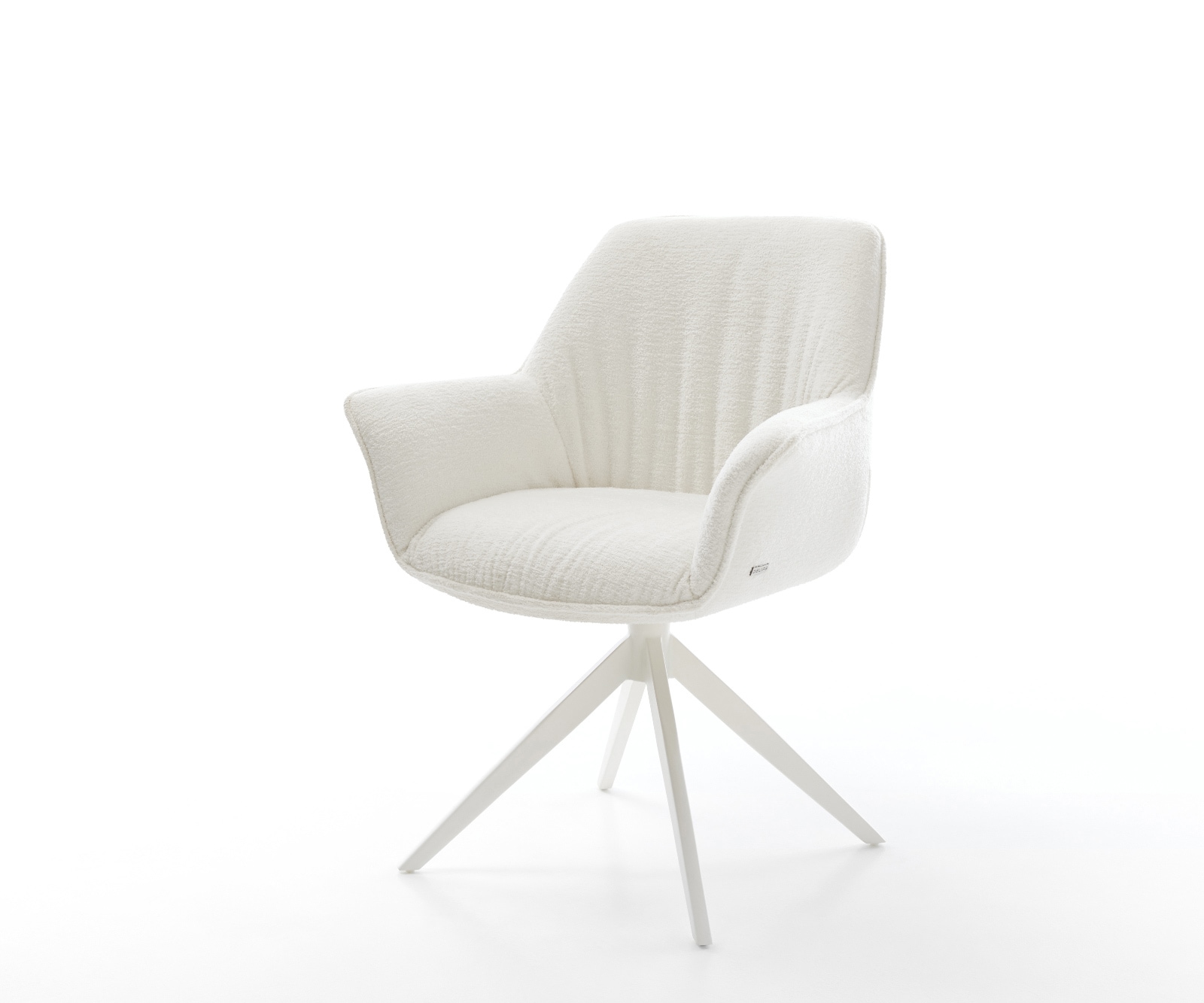 DELIFE Drehstuhl Keila-Flex mit Armlehnen Bouclé Soft Beige Kreuzgestell breit Weiß 360° drehbar Wippfunktion