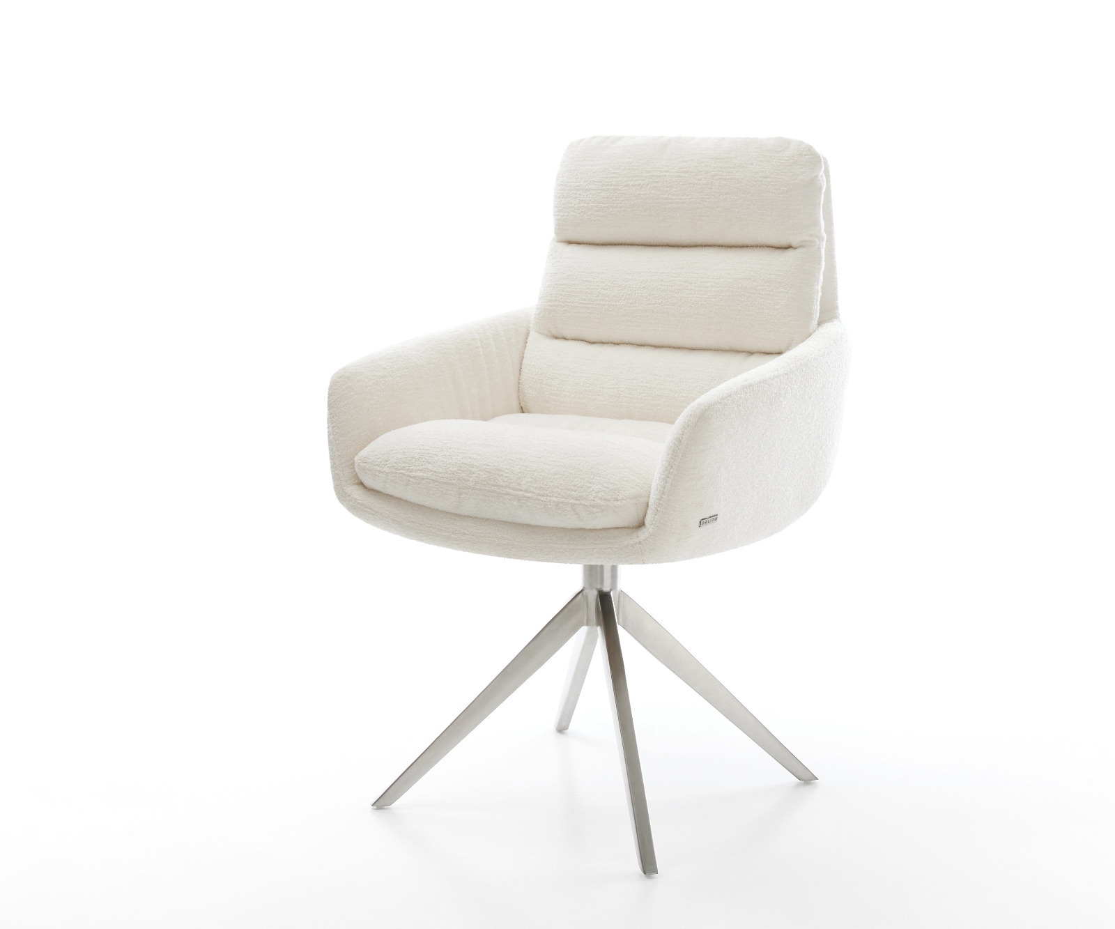 DELIFE Drehstuhl Abelia-Flex mit Armlehnen Bouclé Soft Beige Kreuzgestell breit Edelstahl 360° drehbar Wippfunktion