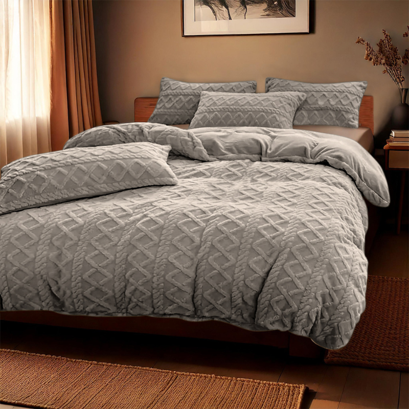 Zydante Dekbedovertrek Teddy Jacquard Eenpersoons (140x200 Cm) Antraciet Microvezel Patroon  - Overtrek - 140x200 Cm (Eenpersoons) -  - 