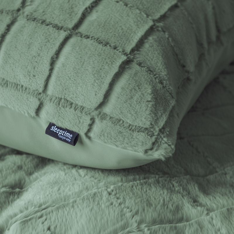 Sleeptime Dekbedovertrek Faux Fur Check Groen Eenpersoons (140x200 Cm) Groen Microvezel Patroon  - Overtrek - 140x200 Cm (Eenpersoons) - - 