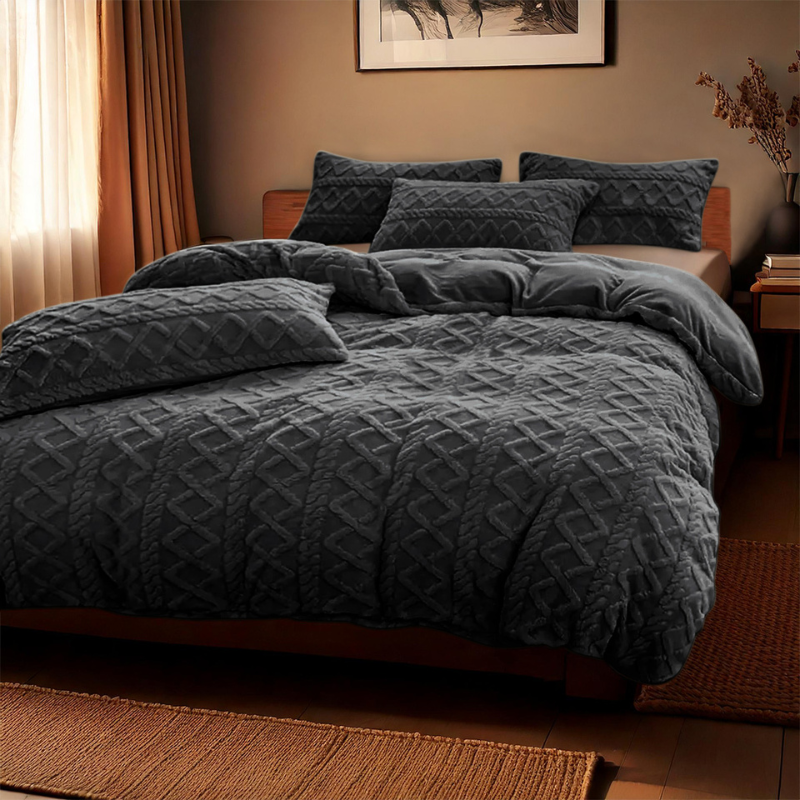 Zydante Dekbedovertrek Teddy Jacquard Antraciet Eenpersoons (140x200 Cm) Antraciet Microvezel Patroon  - Overtrek - 140x200 Cm (Eenpersoons) - - 