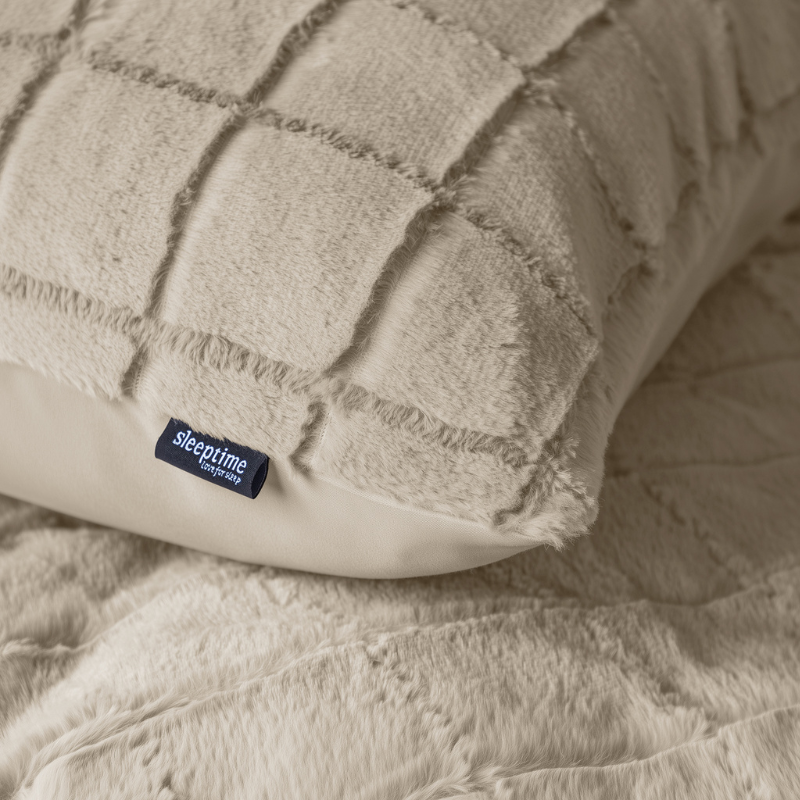 Sleeptime Dekbedovertrek Faux Fur Check Beige Eenpersoons (140x200 Cm) Beige Microvezel Patroon  - Overtrek - 140x200 Cm (Eenpersoons) - - 