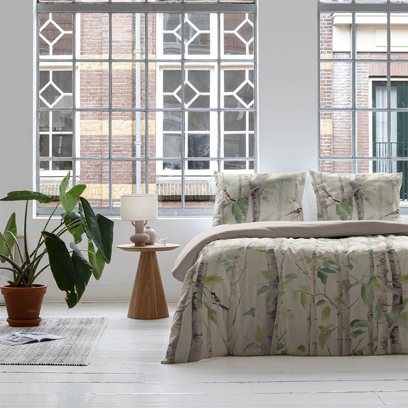 Fresh and Co Dekbedovertrek Katoen Satijn Birch & Birds LitsJumeaux (240x220 Cm) Meerkleurig & Beige Katoen Satijn Natuur & Dieren  - Overtrek - - 