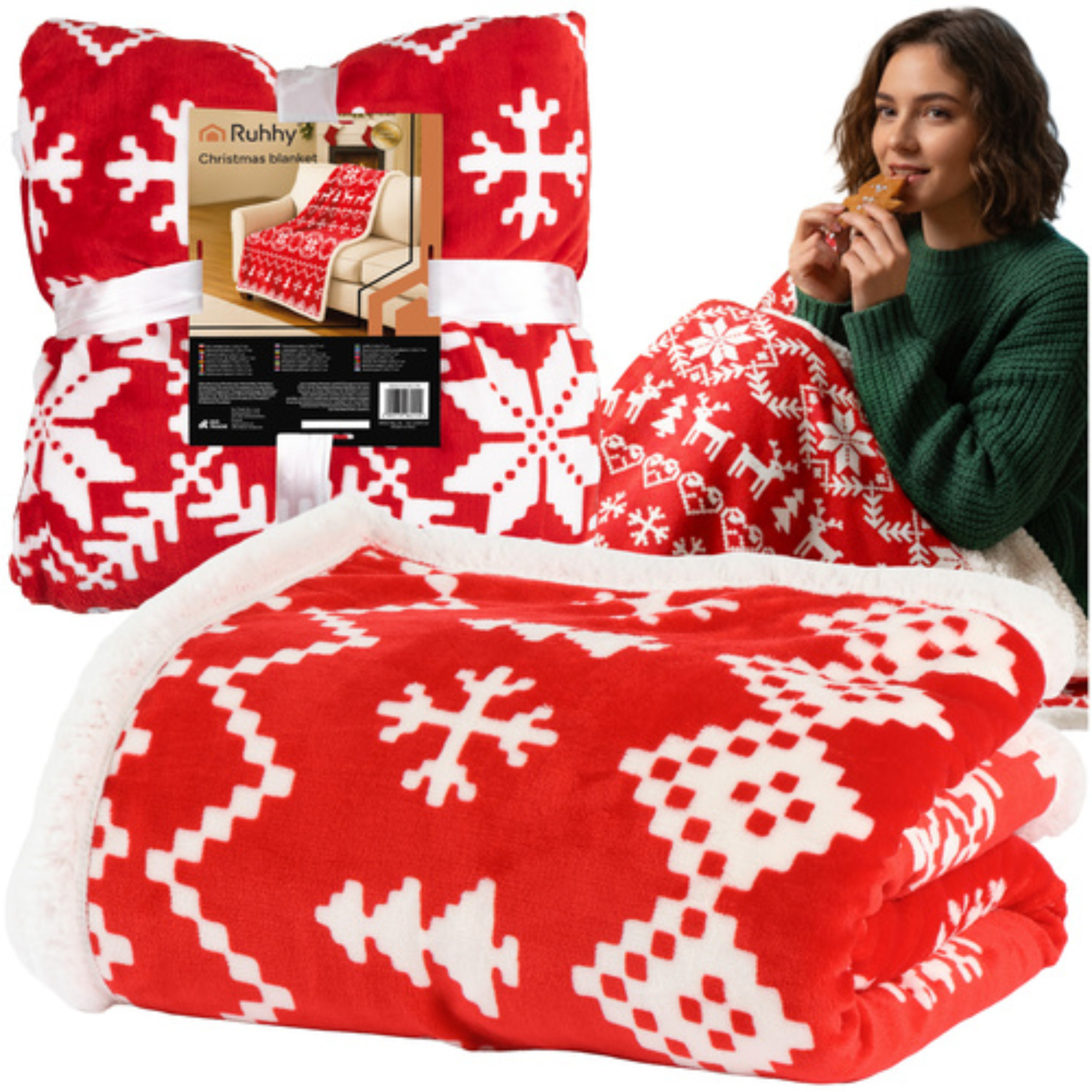 Ruhhy Kerst deken - 130 x 170 cm - rood - plaid - fleece deken - sprei - kerst - kleedje - met kerstprint -