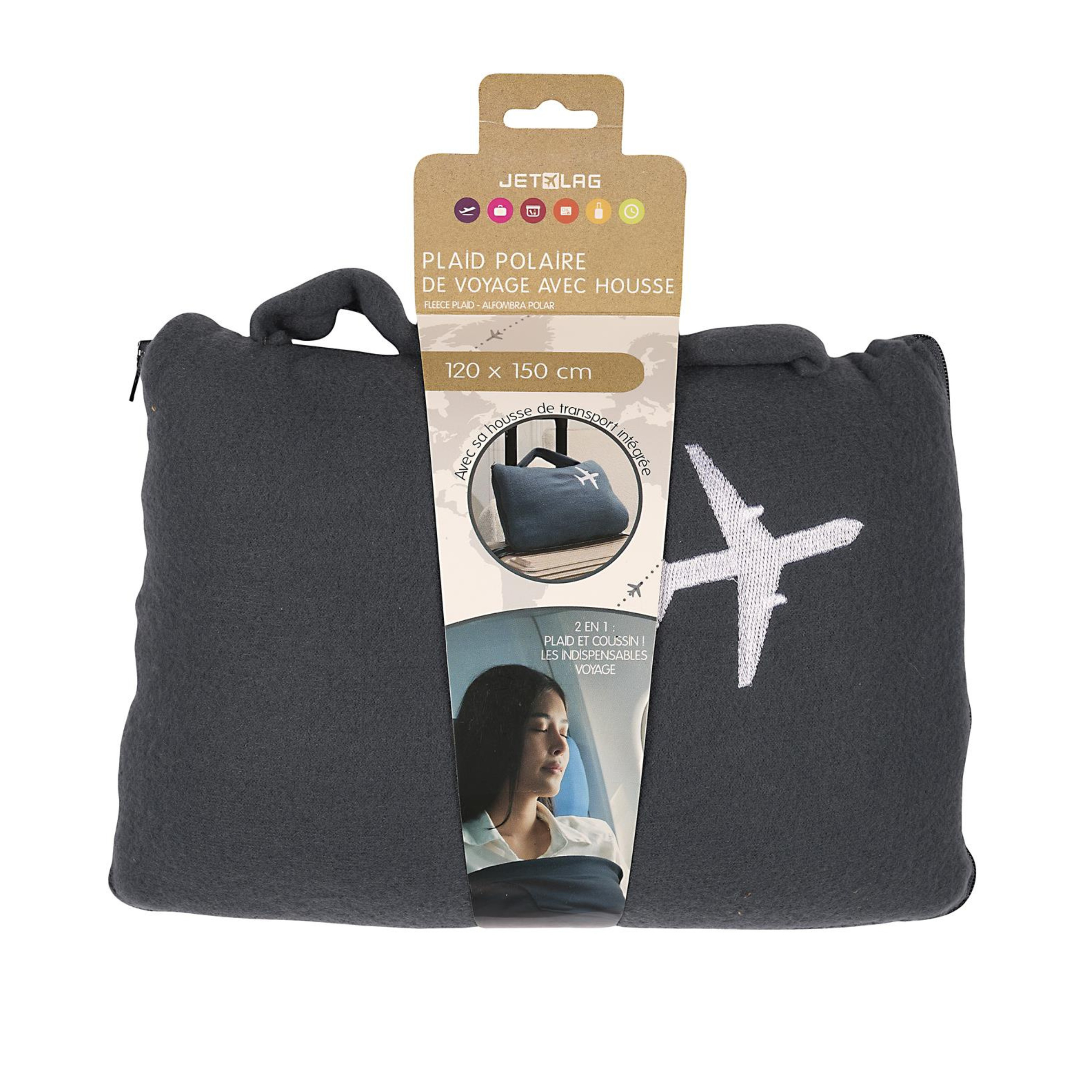 Merkloos Reisdeken met hoes - zwart - 120 x 150 cm - polyester - fleecedeken - vliegtuig deken -