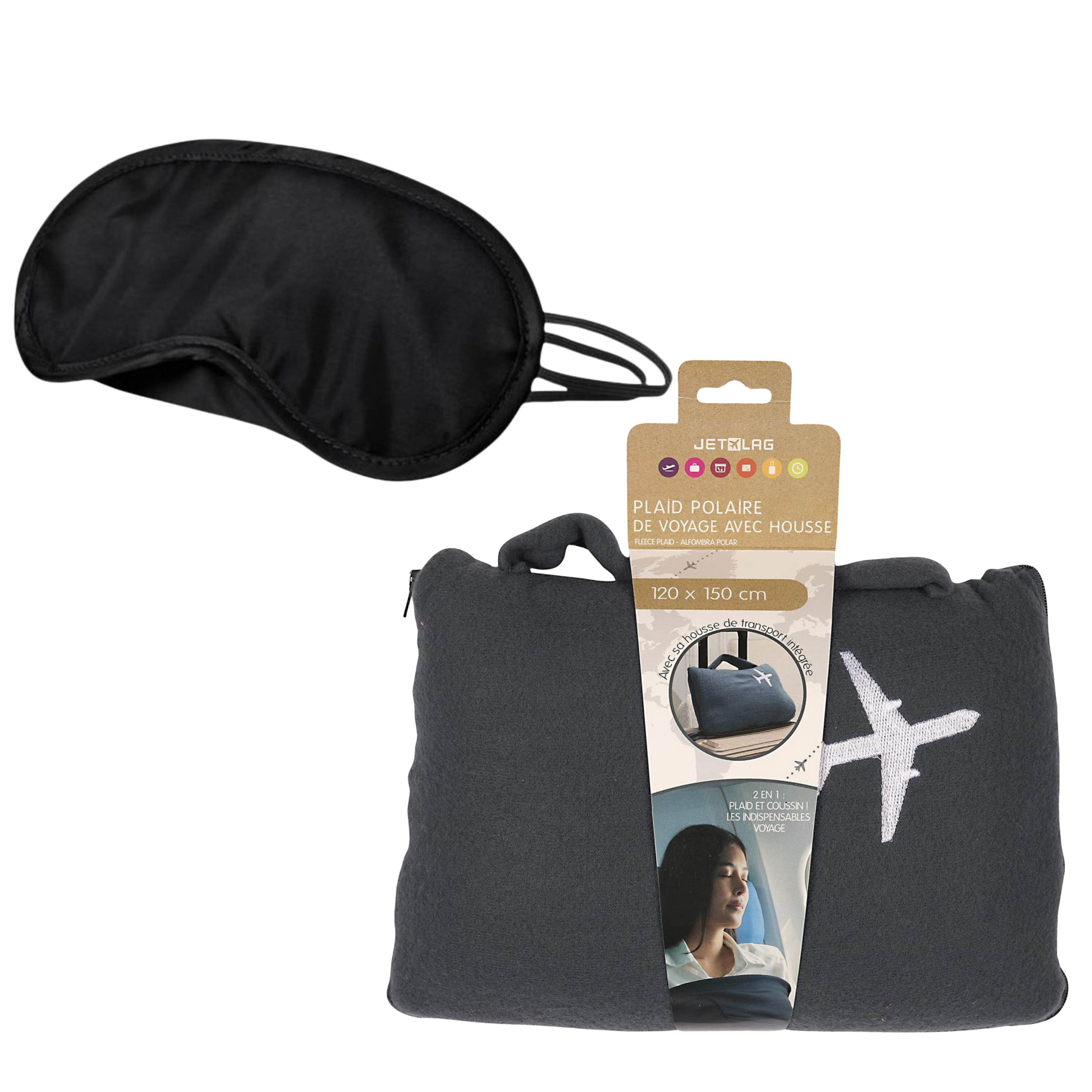 Bellatio Design Reisdeken met slaapmasker - zwart - fleece plaid - slaapmaskers -