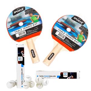 Sportx Tafeltennis of ping pong spelen setje van 2 batjes en 12x tafeltennisballetjes