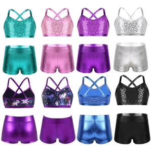 HULIJA Kids Girls 2-Piece Gymnastic Leotard Sequins Crop Top Athletic Shorts Ballet Dance Tankini Sets