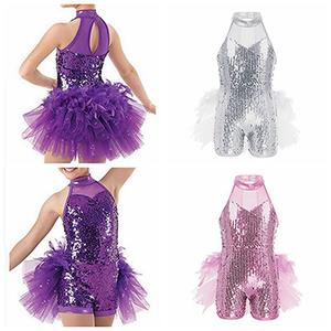 IEFiEL Girls Sequins Jazz Latin Ballet Dance Costume Kids Sleeveless Mock Neck Leotard Jumpsuit Dancewear