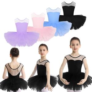 Inhzoy Kids Girls Tutu Ballet Dance Dress Mesh Splice U-shaped Back Gymnastics Leotard Performance Costumes