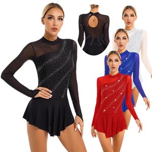 YONGHS Womens Girls Figure Skating Dance Dresses Glitter Rhinestone Sheer Mesh Patchwork Long Sleeve Leotard Dress