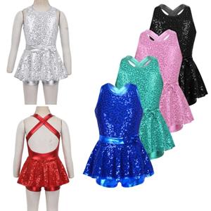 IEFiEL Kids Girls Jazz Modern Tap Dancewear Sleeveless Sequined Criss Cross Back Waist Bowknot Ballet Dance Leotard Dress