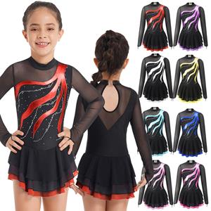 Inlzdz Kids Girls Long Sleeve Sequins Printing Ice Roller Figure Skating Dress Cutout Back Ballet Dancewear