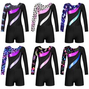 IEFiEL Kids Girls Long Sleeve Round Neck Shiny Rhinestones Decor Leotard with Shorts for Dance Gymnastic Workout