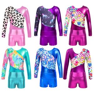 IEFiEL Kids Girls Long Sleeve Printed Patchwork Leotard with High Waist Shorts for Gymnastic Ballet Dance Performance