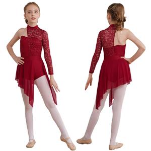 Inlzdz Girls Single Long Sleeve Lace Patchwork Lyrical Dance Dress Ballroom Modern Contemporary Dance Costume