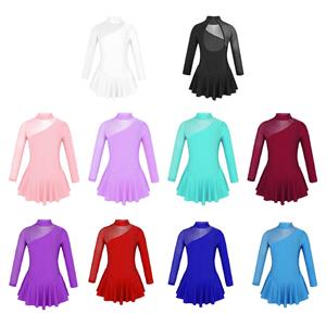 ZDHoor Kids Girls Stylish Dance Dress Long Sleeve Sparkly Rhinestone Decor Cutouts Back Skating Leotard Dress