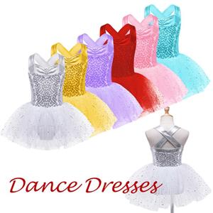 IEFiEL Kids Girls Glitter Sequins Criss Cross Back Ballet Dance Dress Tutu Skirted Leotard Ballerina Dancewear Costumes