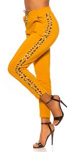 Cosmoda Collection Trendy jogging broek met luipaard contrast streep mosterdgeel