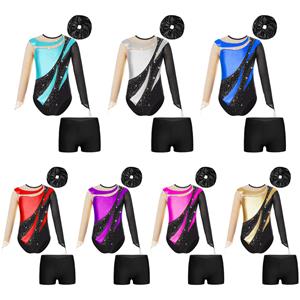 IEFiEL Gymnastiekprestatie-outfit voor kinderen, meisjes, mesh, sleutelgatrug, glanzend turnpakje met V-voorkant, tailleband, shorts en haarband