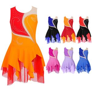 IEFiEL Ice Skating Dress Girls Shiny Rhinestone Gymnastics Costume Ballet Dance Leotard Dress