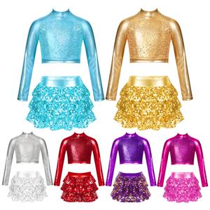 IEFiEL Kids Girls Jazz Dance Performance Costume Shiny Metallic Long Sleeve Crop Top with Skirted Shorts Ballet Gymnastics Outfits