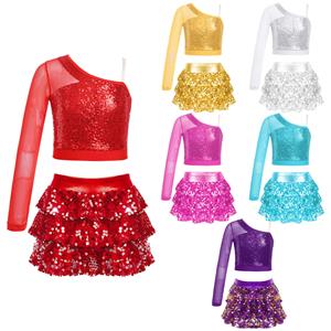 Kids Girls Dance Stage Performance Costume Sparkly Sequins Long Sleeve One Shoulder Top with Tiered Ruffle Skirted Shorts