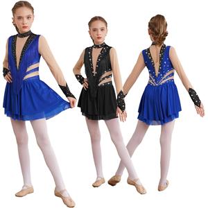 IEFiEL Kids Girls Figure Skating Dress Sparkly Rhinestone Sheer Mesh Long Sleeve Keyhole Back Fringed Dance Dresses