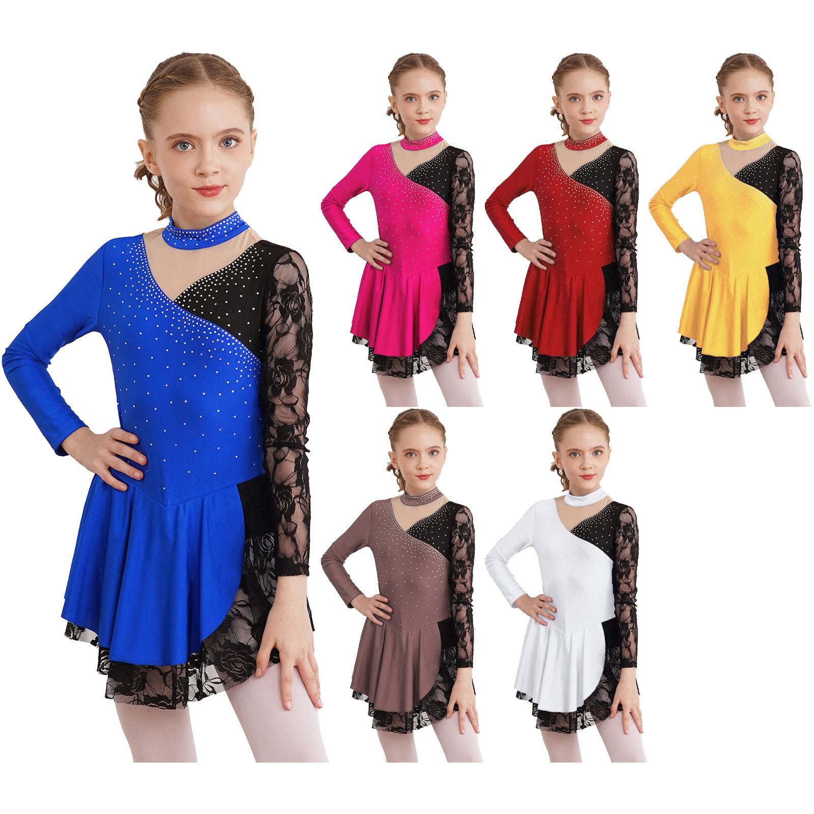 ZDHoor Kids Girls Stylish Dance Dress Long Sleeve Lace Patchwork Dress for Skating Lyrical Dance