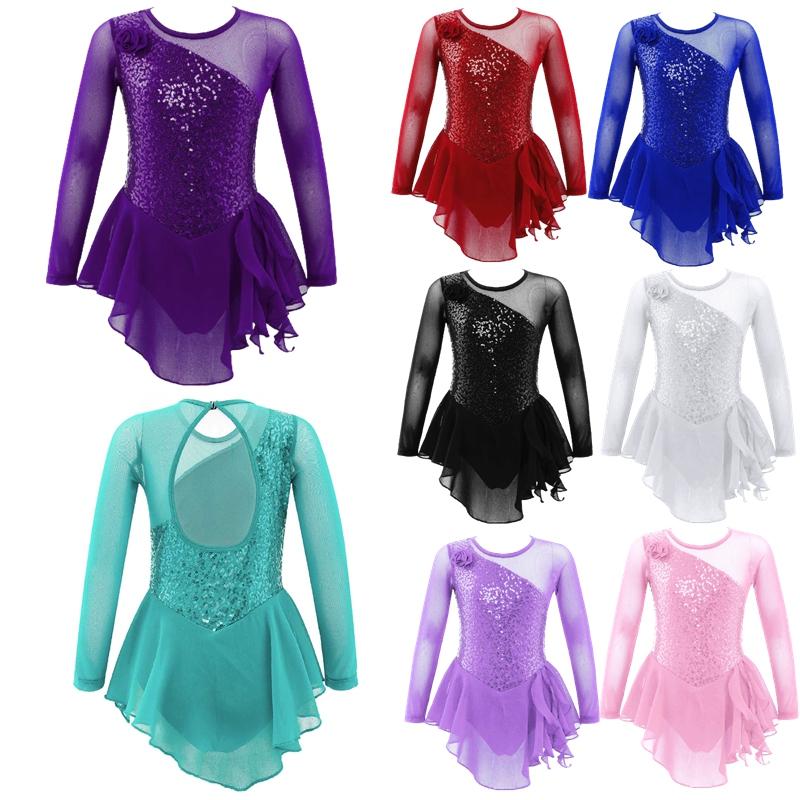 ZDHoor Girls Long Sleeve Mesh Patchwork Style Irregular Sequins Decor Dress Skating Dance Gymnastic Dress