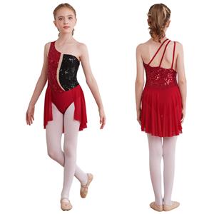 Yunduantong-home Kids Girl Lyrical Dance Dress One Shoulder Sequins Decor Ballet Figure Skating Gymnastics Leotard Performance
