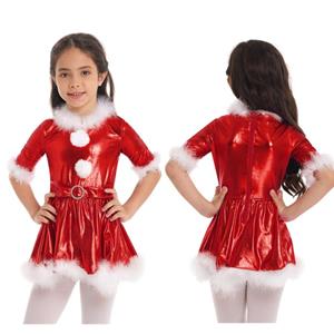 Daenrui Kinderen meisjes kunstschaatsen dans kostuum halve mouwen glanzend metallic kerst ballet dansjurk
