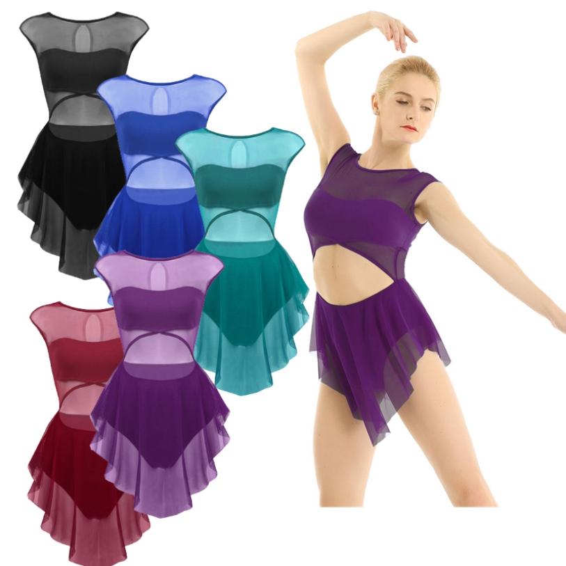 WinYing Women Adult Sleeveless Cut Out Asymmetric Mesh Lyrical Contemporary Leotard Dance Dress Gymnastics Ballet Dancewear