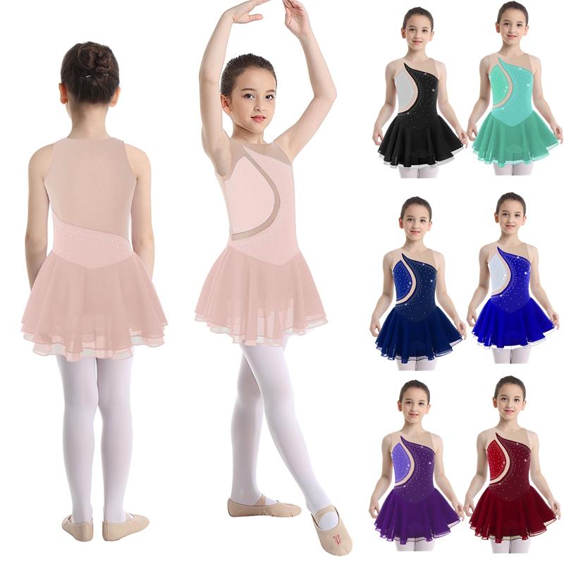 Sxiwei Kinderen meisjes strass mouwloze dansjurk kunstschaatsen gymnastiek prestatie turnpakje jurk