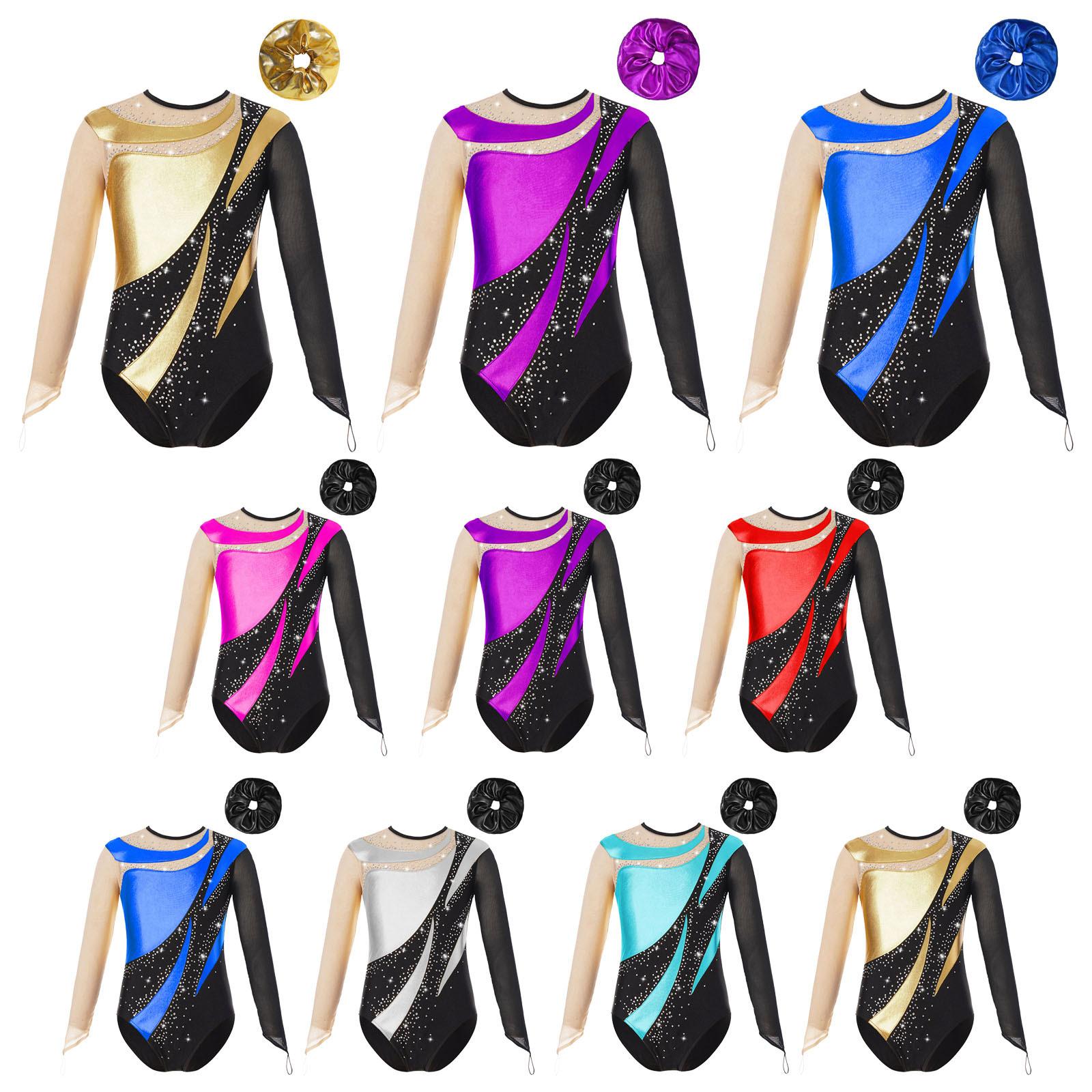Sxiwei Kids Girls Gymnastic Performance Outfit Mesh Long Sleeve Keyhole Back Leotard Patchwork Bodysuit with Hair Band