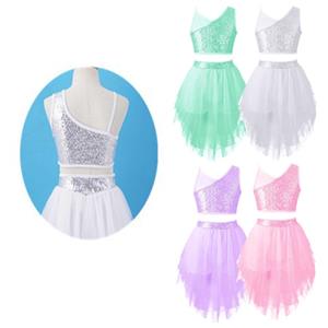Yunduantong Two Piece Kids Girls Sequins Ballet Dance Sets Jazz Ballroom Lyrical Dance Performance Costumes Crop Top with Tulle Skirts