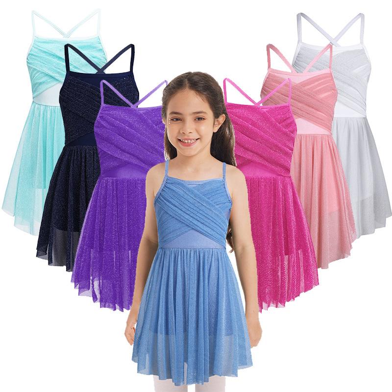 Sywiyi Kids Girls Sequin Spaghetti Shoulder Straps Ballet Dance Mesh Tutu Skirt Lyrical Ballroom Dress