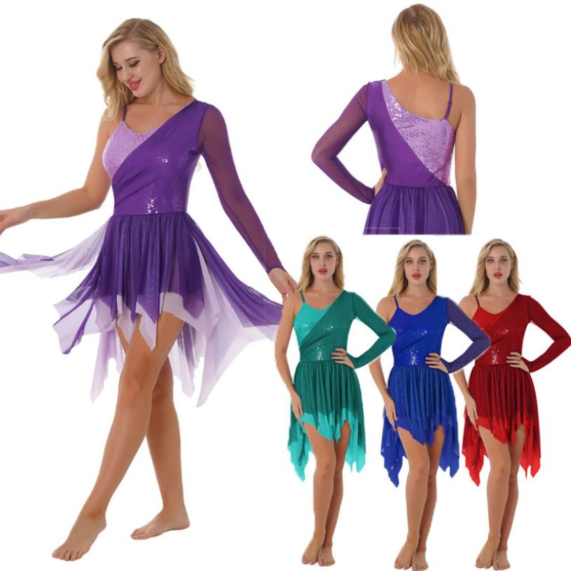 Inlzdz Women's One Shoulder Mesh Overlay Dress Sequins Cami Tank Leotard Lyrical Dance Costume Tunic